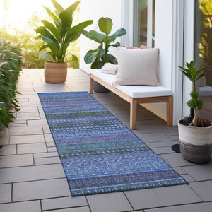 Homeroots 2' Artichoke Green Striped Washable Indoor Outdoor Runner Rug - Stylish, Stain-resistant Design Blue Polyester 560691