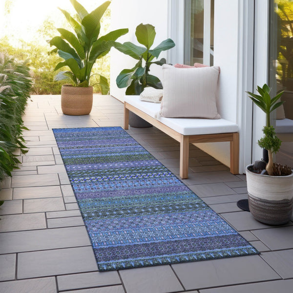 Homeroots 2' Artichoke Green Striped Washable Indoor Outdoor Runner Rug - Stylish, Stain-resistant Design Blue Polyester 560691