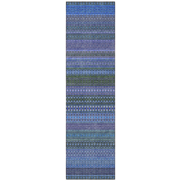 Homeroots 2' Artichoke Green Striped Washable Indoor Outdoor Runner Rug - Stylish, Stain-resistant Design Blue Polyester 560691