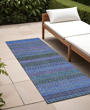 Homeroots 2' Artichoke Green Striped Washable Indoor Outdoor Runner Rug - Stylish, Stain-resistant Design Blue Polyester 560691