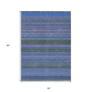 Homeroots 5' X 8' Blue And Green Striped Washable Non Skid Indoor Outdoor Area Rug Blue Polyester 560694