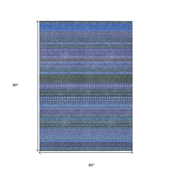 Homeroots 5' X 8' Blue And Green Striped Washable Non Skid Indoor Outdoor Area Rug Blue Polyester 560694