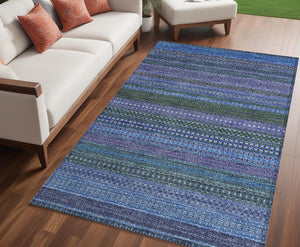 Homeroots 5' X 8' Blue And Green Striped Washable Non Skid Indoor Outdoor Area Rug Blue Polyester 560694