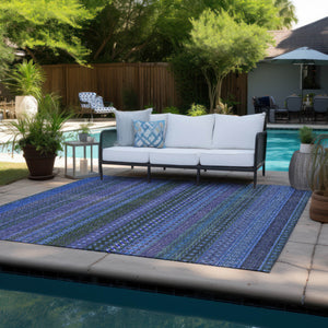 Homeroots 5' X 8' Blue And Green Striped Washable Non Skid Indoor Outdoor Area Rug Blue Polyester 560694