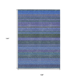Homeroots 9' X 12' Blue And Green Striped Washable Non Skid Indoor Outdoor Area Rug Blue Polyester 560697