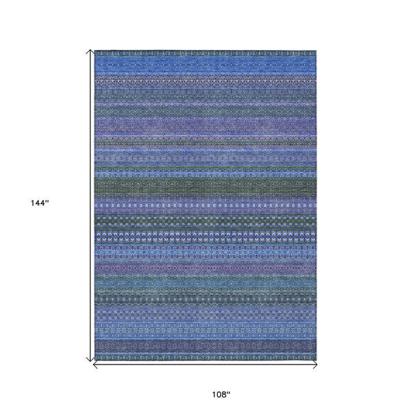 Homeroots 9' X 12' Blue And Green Striped Washable Non Skid Indoor Outdoor Area Rug Blue Polyester 560697
