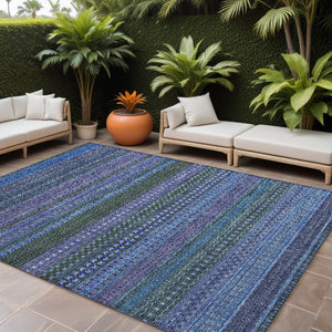 Homeroots 10' X 14' Blue And Green Striped Washable Non Skid Indoor Outdoor Area Rug Blue Polyester 560698