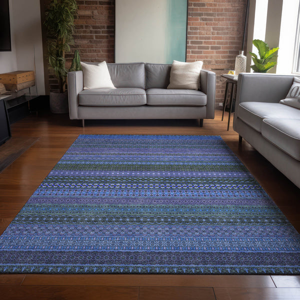 Homeroots 10' X 14' Blue And Green Striped Washable Non Skid Indoor Outdoor Area Rug Blue Polyester 560698