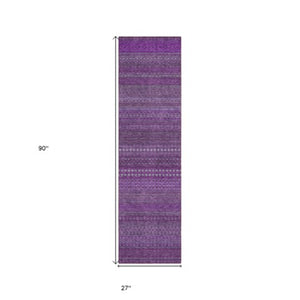 Homeroots 2' Artichoke Green Striped Washable Indoor Outdoor Runner Rug - Stylish, Stain-resistant Design Eggplant Polyester 560700