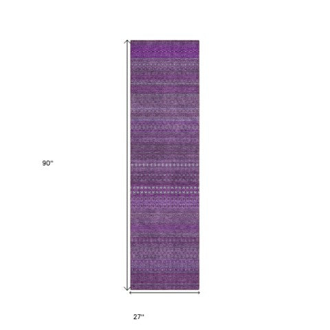 Homeroots 2' Artichoke Green Striped Washable Indoor Outdoor Runner Rug - Stylish, Stain-resistant Design Eggplant Polyester 560700