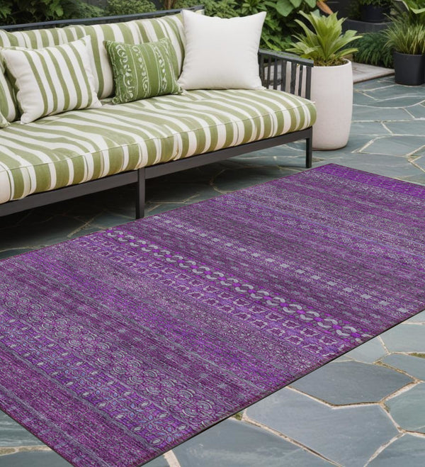 Homeroots 2' Artichoke Green Striped Washable Indoor Outdoor Runner Rug - Stylish, Stain-resistant Design Eggplant Polyester 560700