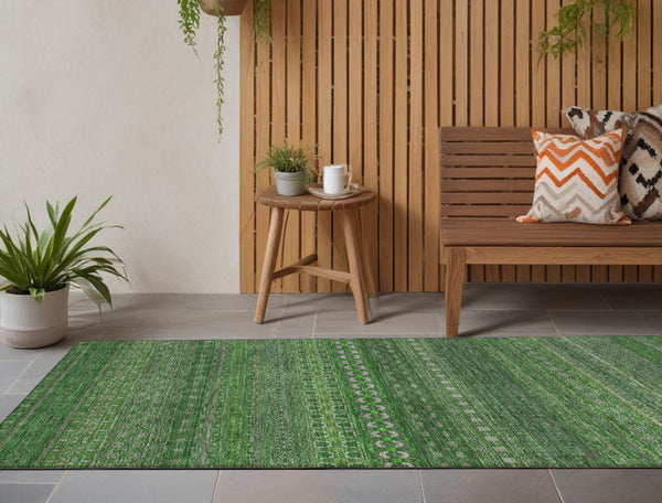 Homeroots 2' Artichoke Green Striped Washable Indoor Outdoor Runner Rug - Stylish, Stain-resistant Design Fern Polyester 560709