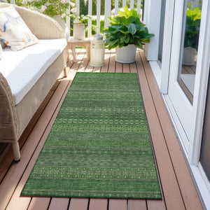 Homeroots 2' Artichoke Green Striped Washable Indoor Outdoor Runner Rug - Stylish, Stain-resistant Design Fern Polyester 560709