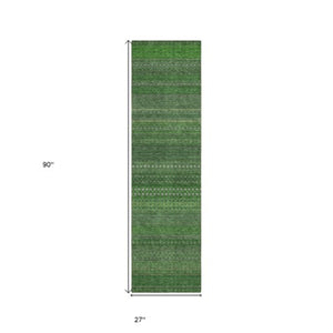 Homeroots 2' Artichoke Green Striped Washable Indoor Outdoor Runner Rug - Stylish, Stain-resistant Design Fern Polyester 560709