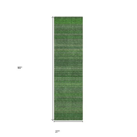 Homeroots 2' Artichoke Green Striped Washable Indoor Outdoor Runner Rug - Stylish, Stain-resistant Design Fern Polyester 560709
