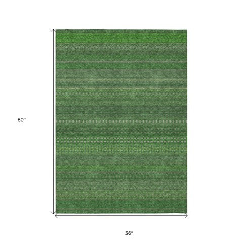 Homeroots 2' Artichoke Green Striped Washable Indoor Outdoor Runner Rug - Stylish, Stain-resistant Design 3' X 5' Polyester 560711