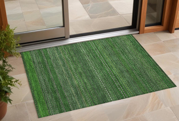 Homeroots 2' Artichoke Green Striped Washable Indoor Outdoor Runner Rug - Stylish, Stain-resistant Design 3' X 5' Polyester 560711