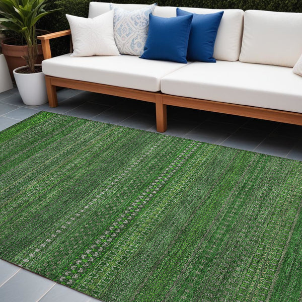 Homeroots 2' Artichoke Green Striped Washable Indoor Outdoor Runner Rug - Stylish, Stain-resistant Design 8' X 10' Polyester 560714