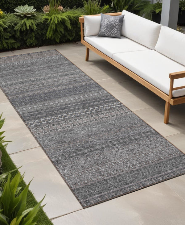 Homeroots 2' Artichoke Green Striped Washable Indoor Outdoor Runner Rug - Stylish, Stain-resistant Design Gray Polyester 560718