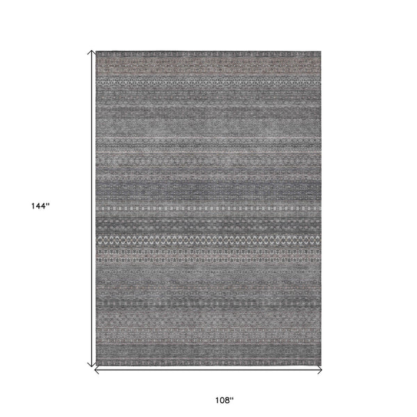Homeroots 9' X 12' Gray Striped Washable Non Skid Indoor Outdoor Area Rug Gray Polyester 560724