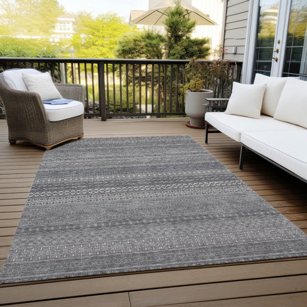 Homeroots 9' X 12' Gray Striped Washable Non Skid Indoor Outdoor Area Rug Gray Polyester 560724