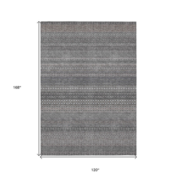 Homeroots 10' X 14' Gray Striped Washable Non Skid Indoor Outdoor Area Rug Gray Polyester 560725
