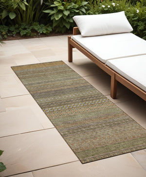 Homeroots 2' Artichoke Green Striped Washable Indoor Outdoor Runner Rug - Stylish, Stain-resistant Design Khaki Polyester 560727