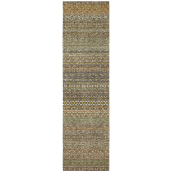 Homeroots 2' Artichoke Green Striped Washable Indoor Outdoor Runner Rug - Stylish, Stain-resistant Design Khaki Polyester 560727