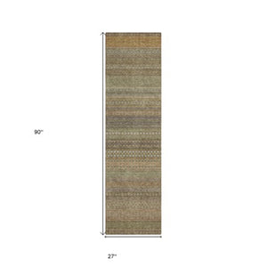 Homeroots 2' Artichoke Green Striped Washable Indoor Outdoor Runner Rug - Stylish, Stain-resistant Design Khaki Polyester 560727