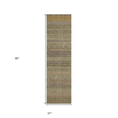 Homeroots 2' Artichoke Green Striped Washable Indoor Outdoor Runner Rug - Stylish, Stain-resistant Design Khaki Polyester 560727