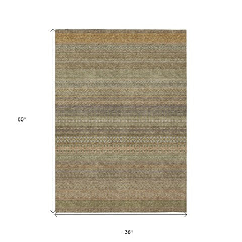 Homeroots 2' Artichoke Green Striped Washable Indoor Outdoor Runner Rug - Stylish, Stain-resistant Design 3' X 5' Polyester 560729