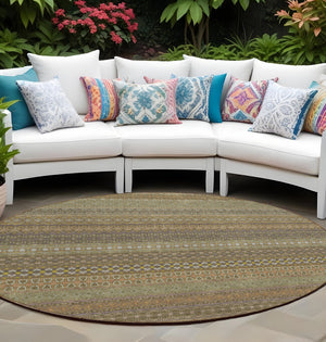 Homeroots 2' Artichoke Green Striped Washable Indoor Outdoor Runner Rug - Stylish, Stain-resistant Design 8' Round Polyester 560731