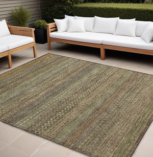 Homeroots 10' X 14' Khaki Striped Washable Non Skid Indoor Outdoor Area Rug Khaki Polyester 560734