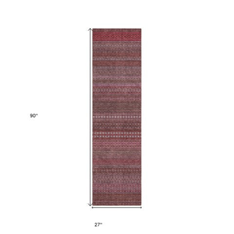 Homeroots 2' Artichoke Green Striped Washable Indoor Outdoor Runner Rug - Stylish, Stain-resistant Design Merlot Polyester 560736