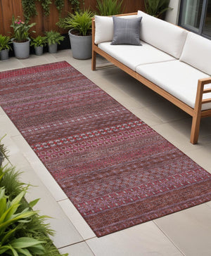 Homeroots 2' Artichoke Green Striped Washable Indoor Outdoor Runner Rug - Stylish, Stain-resistant Design Merlot Polyester 560736