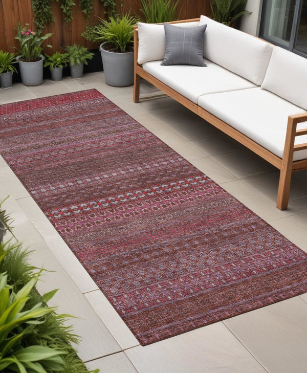 Homeroots 2' Artichoke Green Striped Washable Indoor Outdoor Runner Rug - Stylish, Stain-resistant Design Merlot Polyester 560736