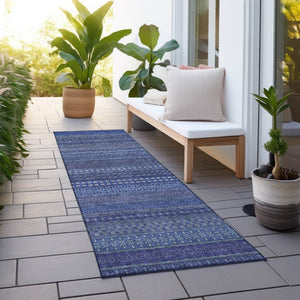Homeroots 2' Artichoke Green Striped Washable Indoor Outdoor Runner Rug - Stylish, Stain-resistant Design Navy Polyester 560745