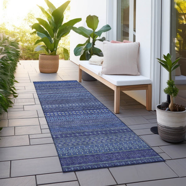 Homeroots 2' Artichoke Green Striped Washable Indoor Outdoor Runner Rug - Stylish, Stain-resistant Design Navy Polyester 560745