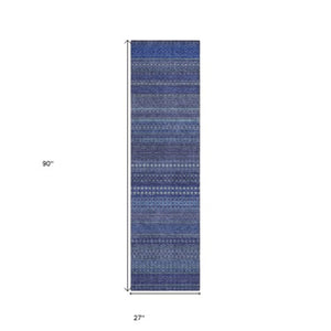 Homeroots 2' Artichoke Green Striped Washable Indoor Outdoor Runner Rug - Stylish, Stain-resistant Design Navy Polyester 560745