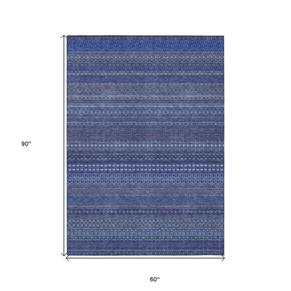 Homeroots 5' X 8' Navy Blue Striped Washable Non Skid Indoor Outdoor Area Rug Navy Polyester 560748
