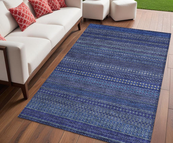 Homeroots 5' X 8' Navy Blue Striped Washable Non Skid Indoor Outdoor Area Rug Navy Polyester 560748