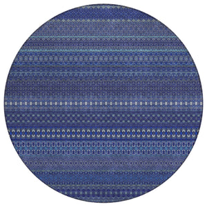 Homeroots 8' Round Navy Blue Round Striped Washable Non Skid Indoor Outdoor Area Rug Navy Polyester 560749