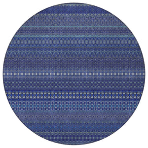 Homeroots 8' Round Navy Blue Round Striped Washable Non Skid Indoor Outdoor Area Rug Navy Polyester 560749