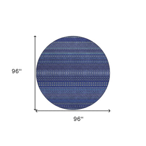 Homeroots 8' Round Navy Blue Round Striped Washable Non Skid Indoor Outdoor Area Rug Navy Polyester 560749