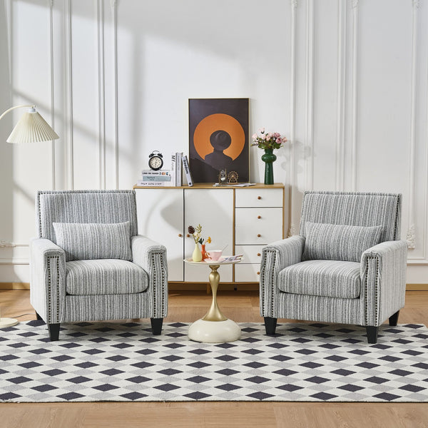 English Elm Modern Striped Upholstered Accent Chair with Arms, Nailhead Trim, Solid Wood Frame and Plush Foam Seating Grey W3373P363920