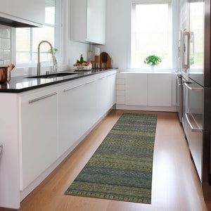 Homeroots 2' Artichoke Green Striped Washable Indoor Outdoor Runner Rug - Stylish, Stain-resistant Design Olive Polyester 560754