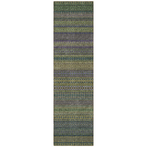 Homeroots 2' Artichoke Green Striped Washable Indoor Outdoor Runner Rug - Stylish, Stain-resistant Design Olive Polyester 560754