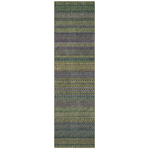 Homeroots 2' Artichoke Green Striped Washable Indoor Outdoor Runner Rug - Stylish, Stain-resistant Design Olive Polyester 560754
