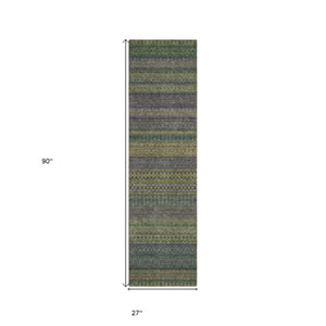 Homeroots 2' Artichoke Green Striped Washable Indoor Outdoor Runner Rug - Stylish, Stain-resistant Design Olive Polyester 560754