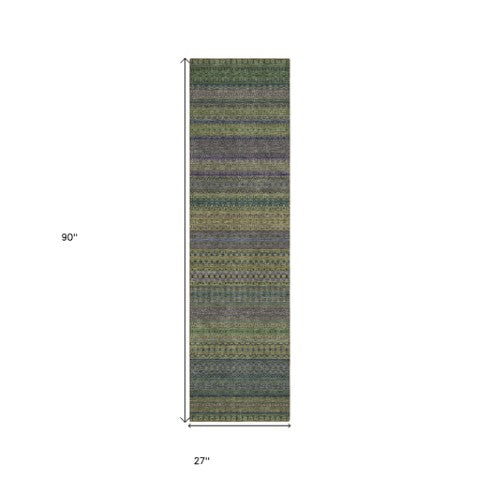 Homeroots 2' Artichoke Green Striped Washable Indoor Outdoor Runner Rug - Stylish, Stain-resistant Design Olive Polyester 560754